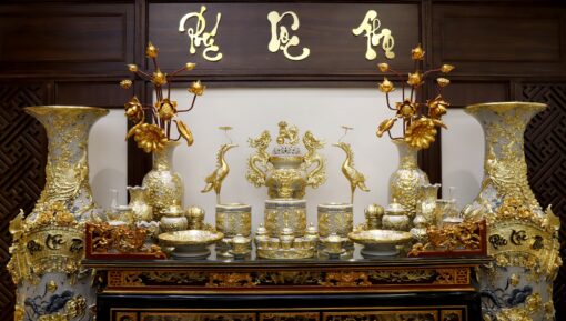 Bộ đồ thờ đắp nổi men rạn dát vàng cao cấp bát tràng