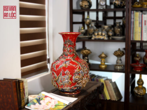 Tỳ bà Phú Quý Trường Xuân Cao 60cm đắp nổi men rạn rát vàng cao cấp Bát Tràng