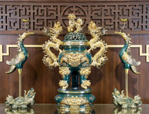 BỘ ĐỈNH HẠC ĐẮP NỔI MEN LỤC BẢO VẼ VÀNG