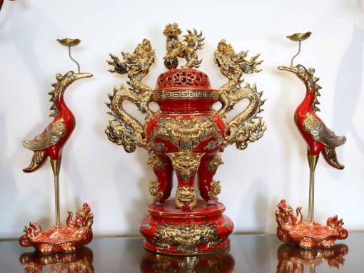 BỘ ĐỈNH HẠC ĐẮP NỔI MEN ĐỎ RUBY VẼ VÀNG