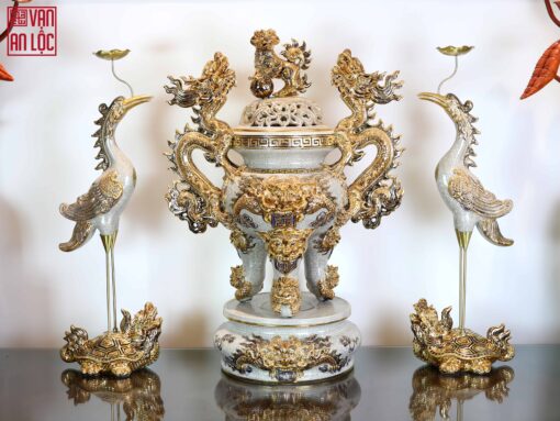 BỘ ĐỈNH HẠC ĐẮP NỔI MEN RẠN VẼ VÀNG