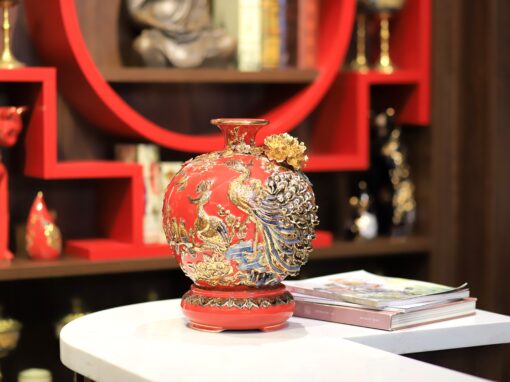 Bình Hút Lộc Phú Quý Trường Xuân Men Đỏ Họa Tiết Trắng Vẽ Vàng Bát Tràng
