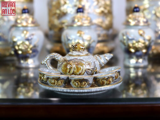 Bộ trà đào men rạn vẽ vàng 24k