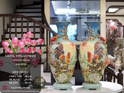 Bảo Bình Kim Kê Đại Cát Men Vân Mây Vẽ Vàng Bát Tràng
