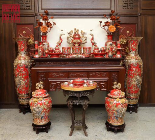 BỘ ĐỒ THỜ MEN ĐỎ RUBY VẼ VÀNG ĐẮP NỔI CAO CẤP