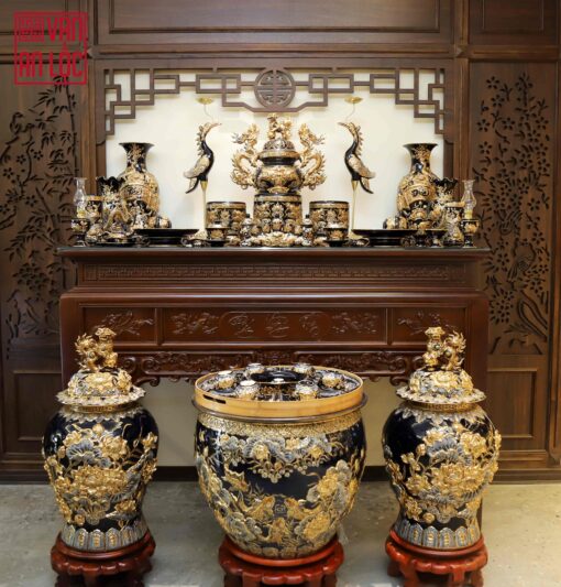 BỘ ĐỒ THỜ MEN XANH COBAN VẼ VÀNG ĐẮP NỔI CAO CẤP