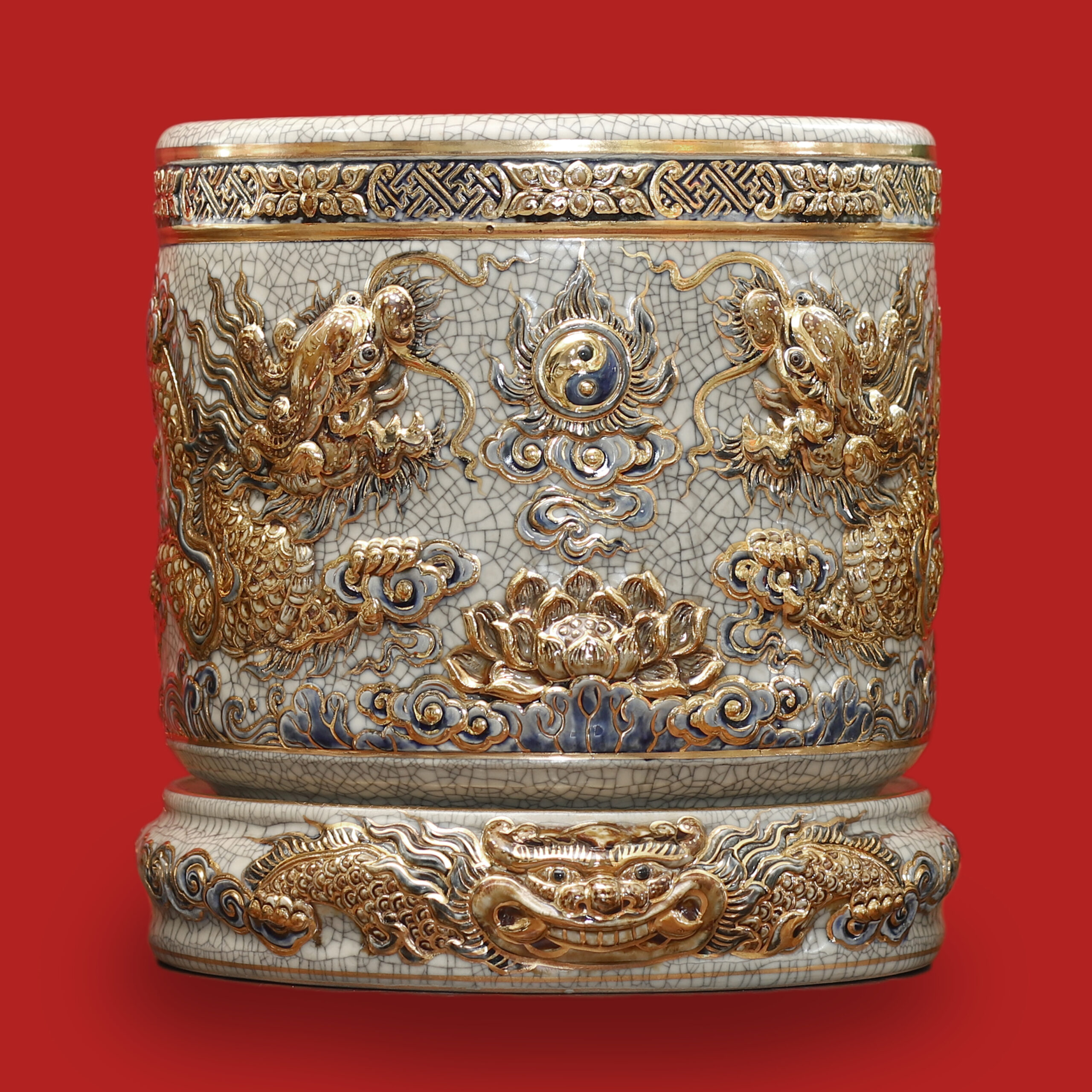 BÁT HƯƠNG RỒNG SEN PHI 25 MEN RẠN ĐẮP NỔI VẼ VÀNG