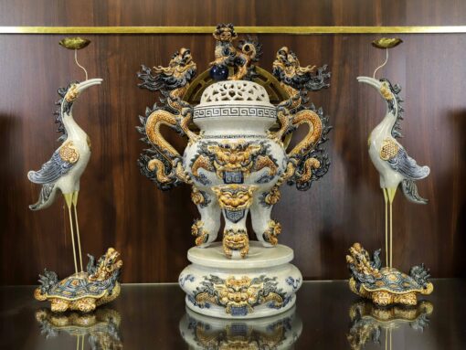 BỘ ĐỈNH HẠC ĐẮP NỔI MEN RẠN