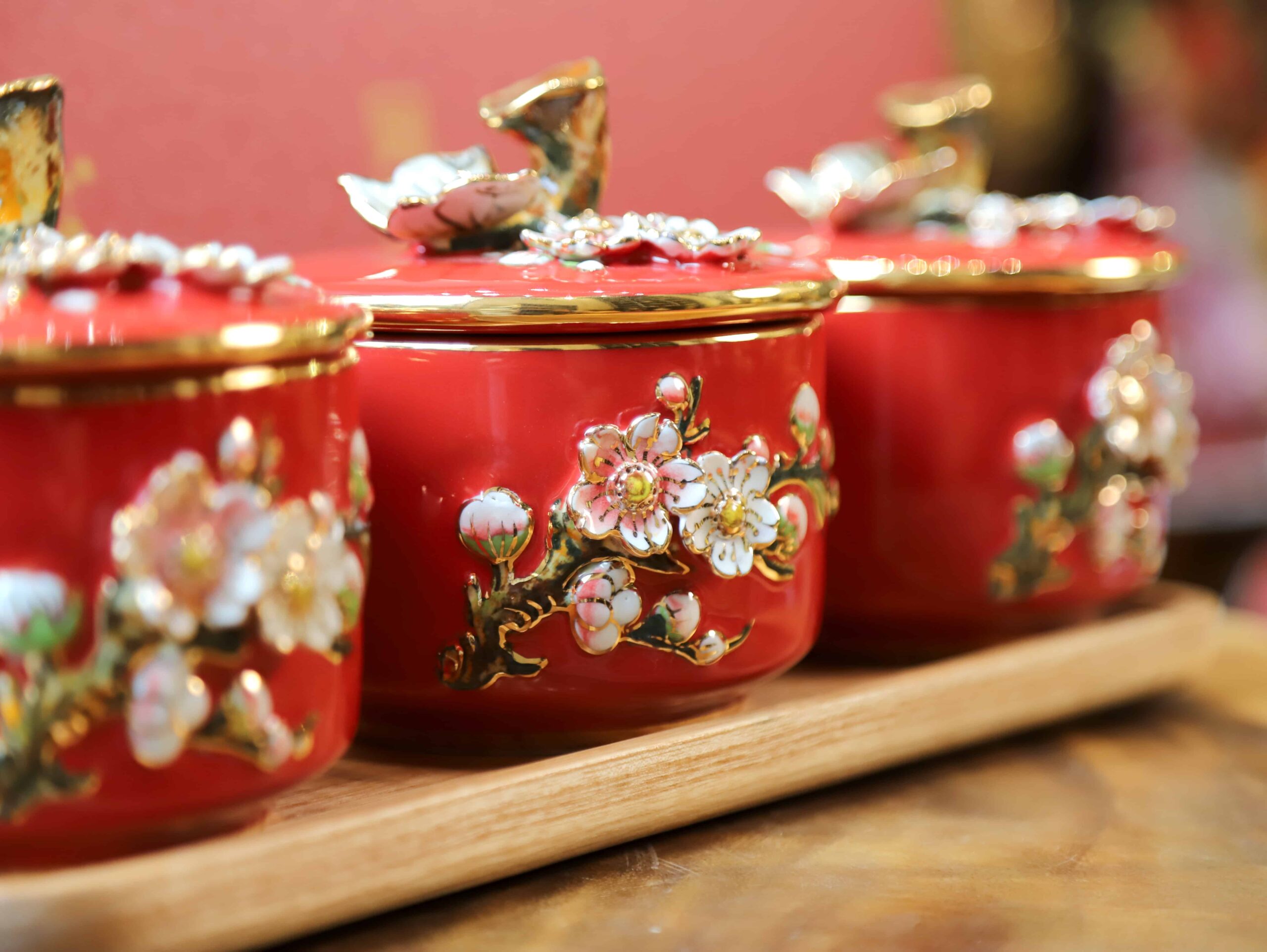 BỘ HŨ MỨT HOA ĐÀO XUÂN LẠC GỐM VẼ VÀNG - Image 4